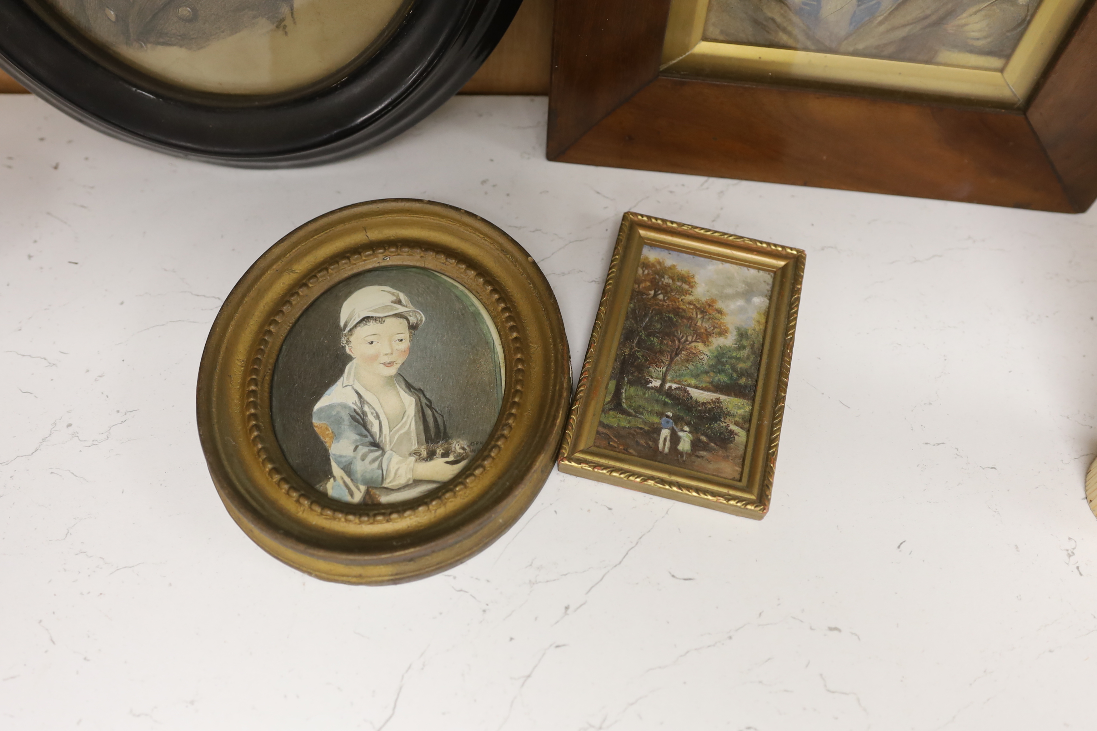 George Morosini (d.1882), heightened charcoal portrait of a gentleman, two 19th century watercolour portraits of children, one monogrammed GPH and dated 1800, and a miniature oil landscape, largest 19 x 15cm